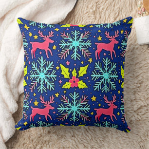 Cool Blue Christmas Reindeer Pattern Design Cushion