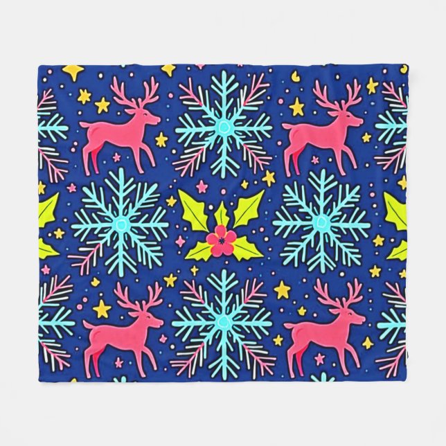 Cool Blue Christmas Reindeer Pattern Design Fleece Blanket (Front (Horizontal))