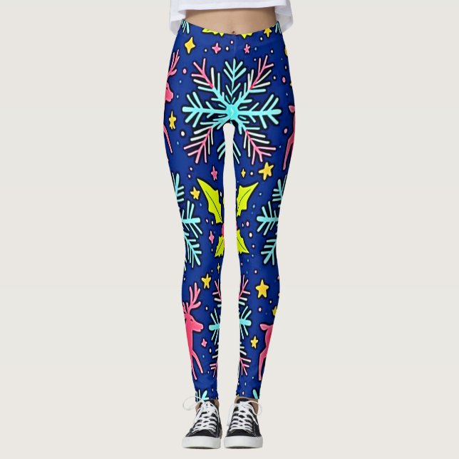 Cool Blue Christmas Reindeer Pattern Design Leggings (Front)