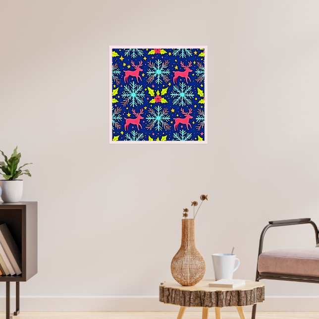 Cool Blue Christmas Reindeer Pattern Design Poster (Living Room 3)