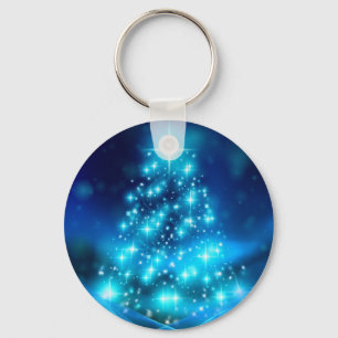 Cool Blue Christmas Tree with Sparkling Lights Key Ring