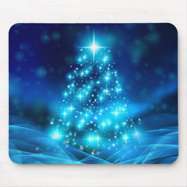 Cool Blue Christmas Tree with Sparkling Lights Mouse Pad (Front)