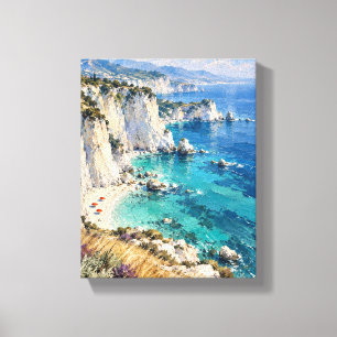 Cool Blue Cliffs with Three Red Umbrellas Coasta Canvas Print