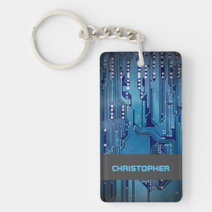 Cool Blue Computer Circuit Board Monogram Key Ring