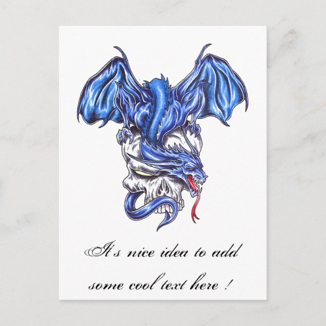 Cool Blue Dragon on Skull tattoo  postcard (Front)