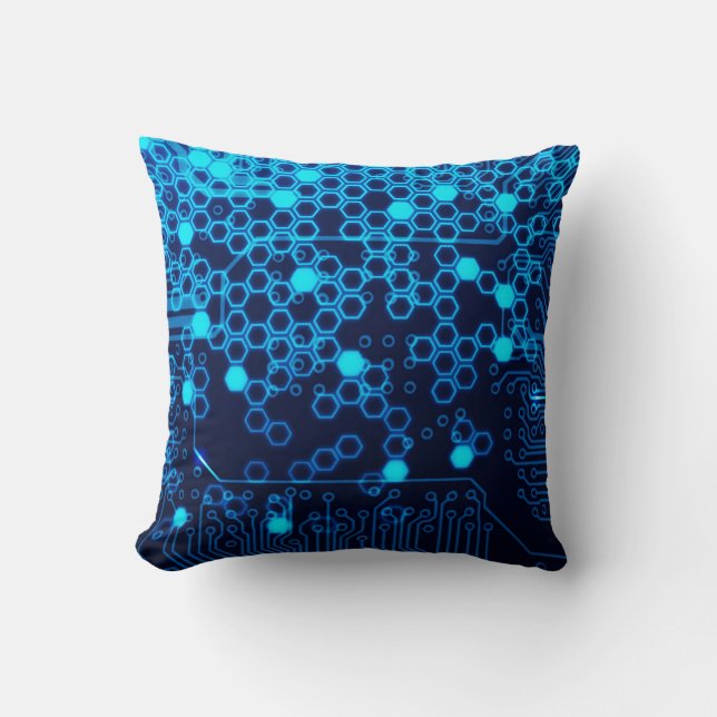 Cool Blue Electronic Circuit Board Hexagon Pattern Cushion (Front)