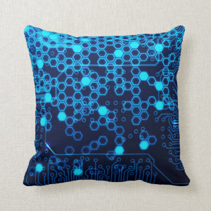 Cool Blue Electronic Circuit Board Hexagon Pattern Cushion