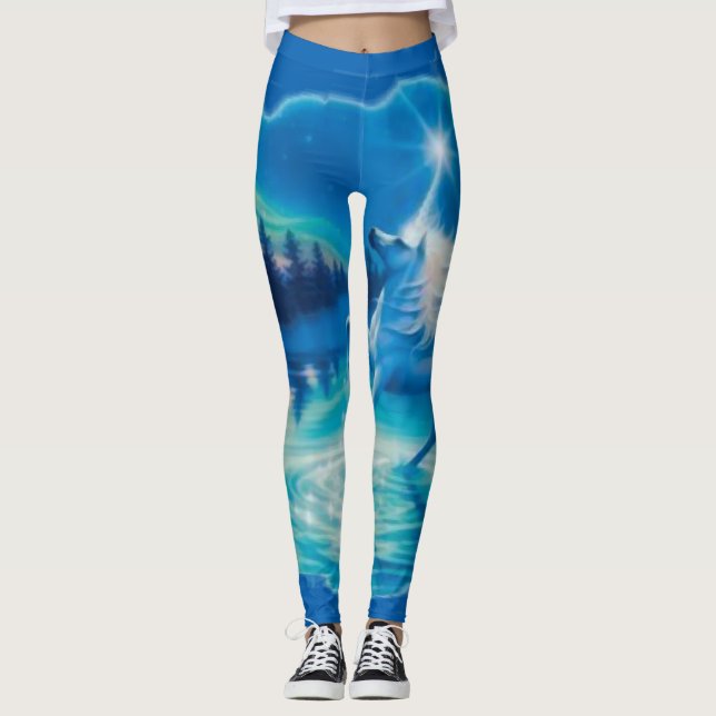 Cool Blue Fantasy Unicorn Airbrush Art Leggings (Front)