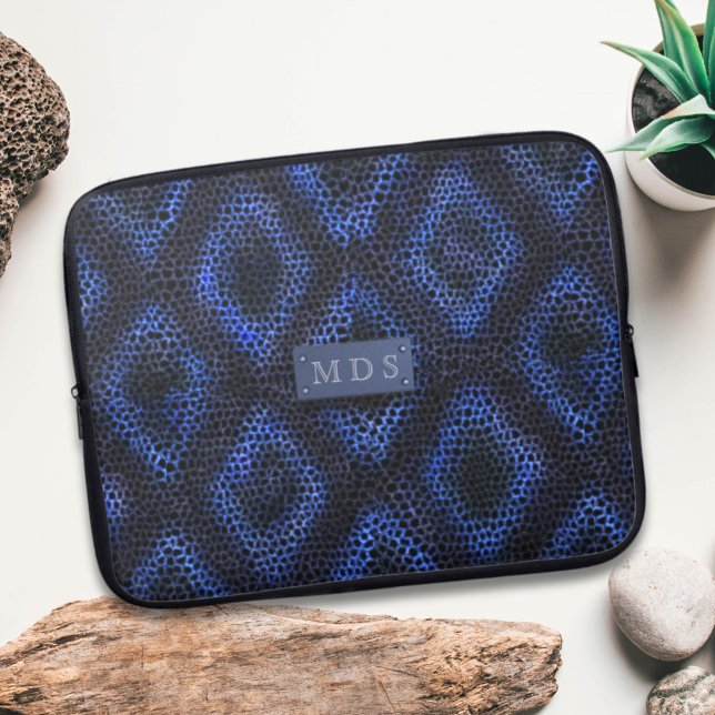 Cool Blue Faux Snakeskin Monogram Laptop Sleeve (Cool Blue Abstract Pattern Faux Snakeskin Monogram laptop sleeve just for your initials)