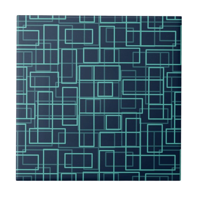 Cool Blue Geometric Grid Pattern Ceramic Tile (Front)