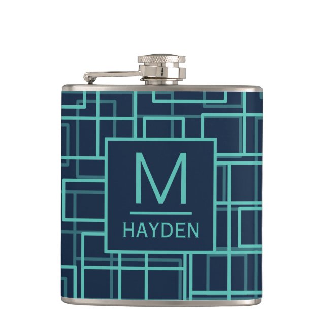 Cool Blue Geometric Grid Pattern Monogrammed Flask (Front)