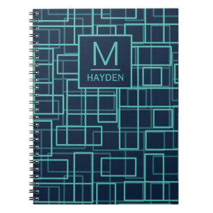Cool Blue Geometric Grid Pattern Personalised Notebook