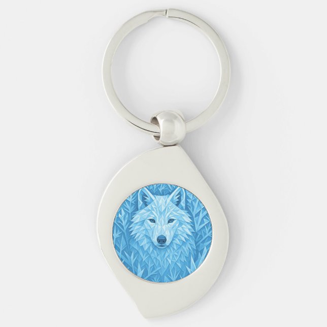 Cool Blue Geometric Wolf Low Poly Abstract Premium Key Ring (Front)