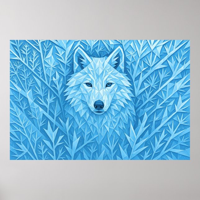 Cool Blue Geometric Wolf Low Poly Abstract Wall Ar Poster (Front)