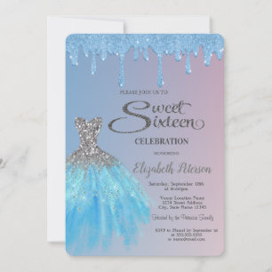 Cool Blue Glitter Drips,Blue Dress Sweet 16   Invitation