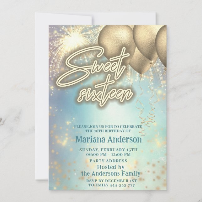 Cool blue gold balloon sparkle firework  invitation (Front)