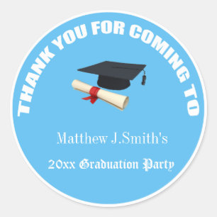 Cool blue graduates thank you stickers. classic round sticker