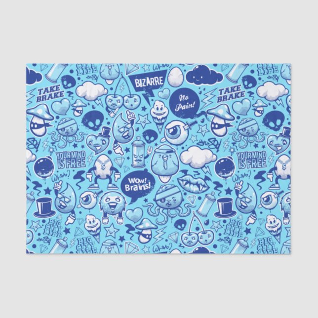 Cool Blue graffiti art cartoon characters pattern Tissue Paper (Front)