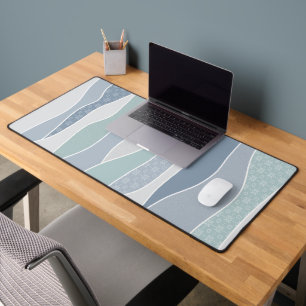 Cool Blue Green Curved Stripes Abstract Waves Desk Mat
