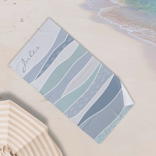 Cool Blue Green Curved Stripes Abstract Waves Name Beach Towel