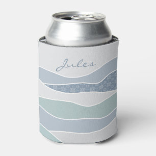 Cool Blue Green Curved Stripes Abstract Waves Name Can Cooler