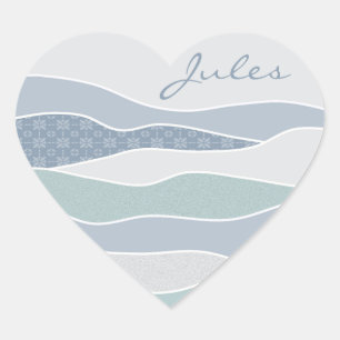Cool Blue Green Curved Stripes Abstract Waves Name Heart Sticker