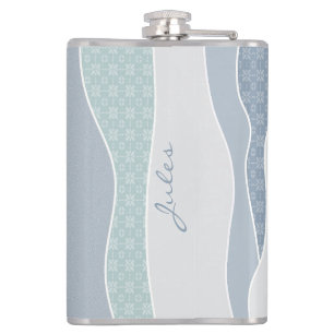 Cool Blue Green Curved Stripes Abstract Waves Name Hip Flask