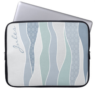 Cool Blue Green Curved Stripes Abstract Waves Name Laptop Sleeve