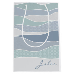 Cool Blue Green Curved Stripes Abstract Waves Name Medium Gift Bag