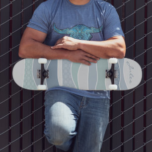 Cool Blue Green Curved Stripes Abstract Waves Name Skateboard