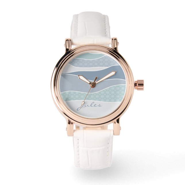 Cool Blue Green Curved Stripes Abstract Waves Name Watch (Front)