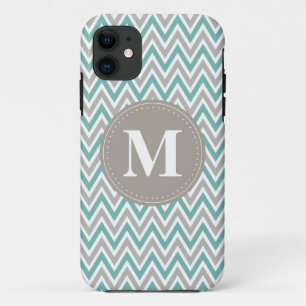 Cool Blue Grey Chevron Pattern Monogram iPhone 11 Case