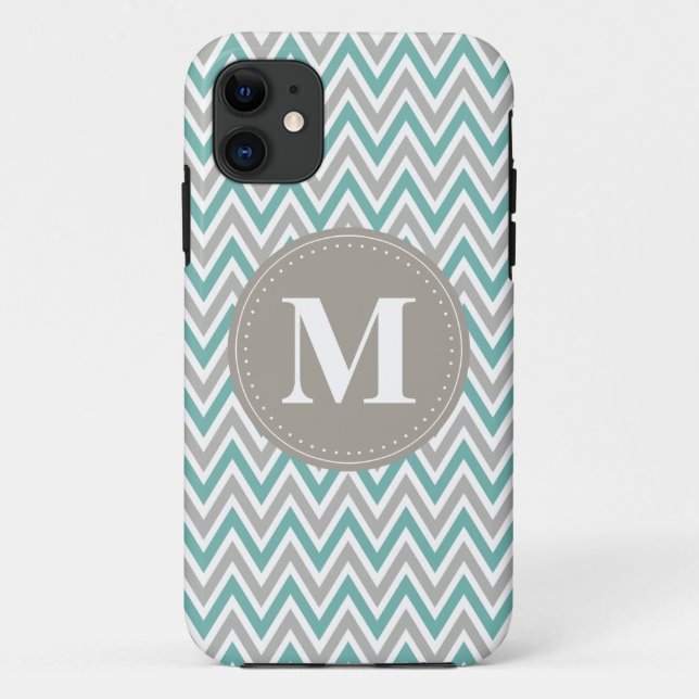 Cool Blue Grey Chevron Pattern Monogram Case-Mate iPhone Case (Back)