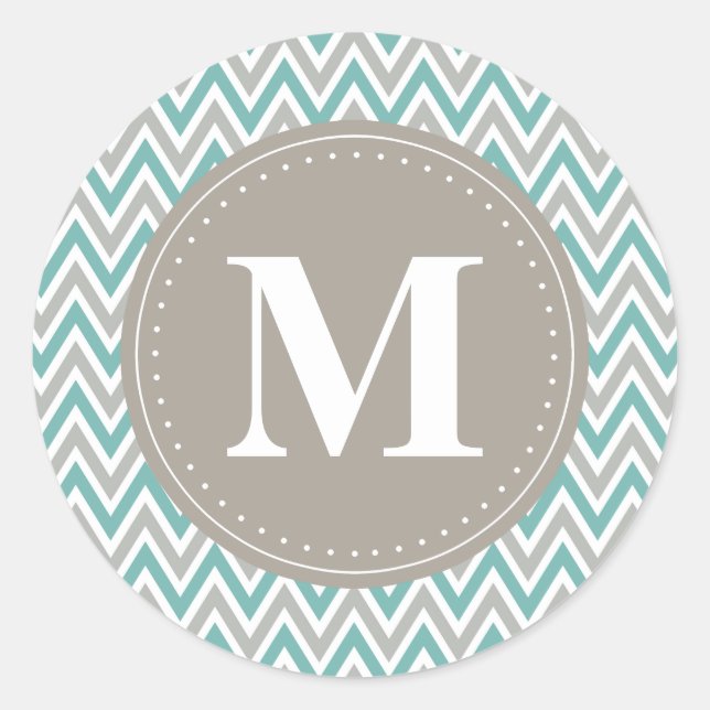 Cool Blue Grey Chevron Pattern Monogram Classic Round Sticker (Front)