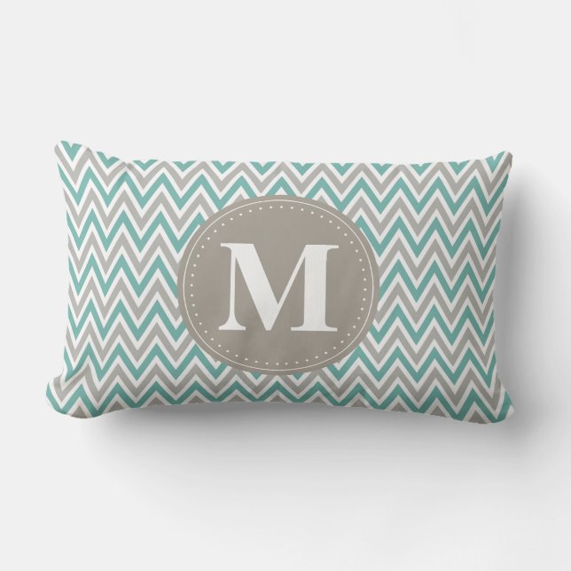 Cool Blue Grey Chevron Pattern Monogram Lumbar Cushion (Front)