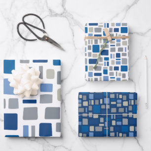 Cool Blue & Grey Colours Wonky Squares & Rectangle Wrapping Paper Sheet