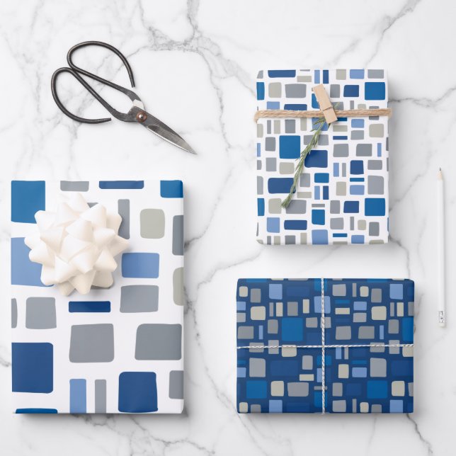 Cool Blue & Grey Colours Wonky Squares & Rectangle Wrapping Paper Sheet (Front)