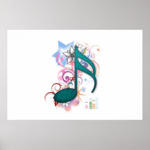 Cool blue grunge music note stars flowers swirls poster