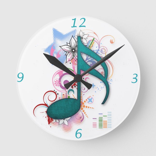 Cool blue grunge music note stars flowers swirls round clock (Front)