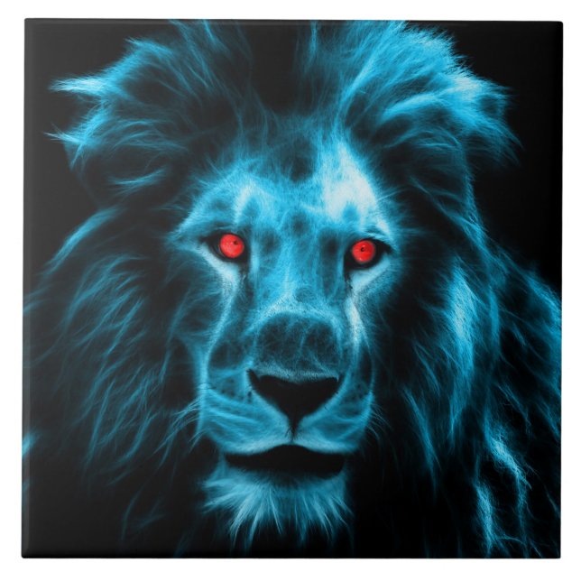 Cool Blue Lion With Blue Eyes Portrait Ceramic Tile (Front)
