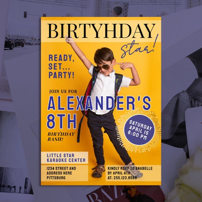 Cool Blue Magazine Cover Newspaper Kids Star Photo Invitation (Creator Uploaded)