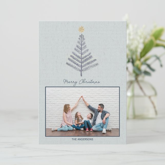 Cool Blue Minimalist Family Photo Christmas  Holiday Card (Standing Front)