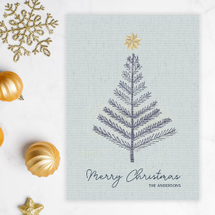 Cool Blue Minimalist Hand Drawn Tree Christmas Holiday Card