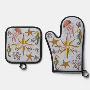 Cool Blue Nautical Kitchen Captain Sea Life Oven Mitt & Pot Holder Set