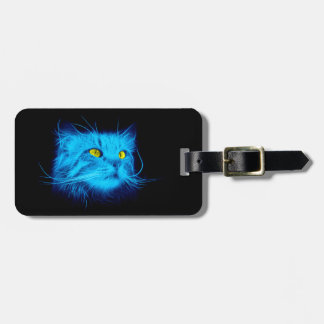 Cool Blue Neon Cat Art - Glowing Animal Design Luggage Tag