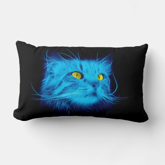 Cool Blue Neon Cat Art - Glowing Animal Design Lumbar Cushion (Front)