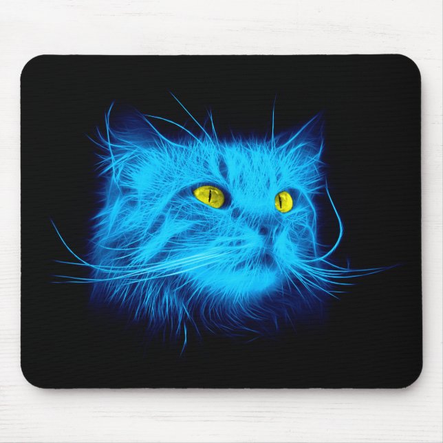 Cool Blue Neon Cat Art - Glowing Animal Design Mouse Pad (Front)