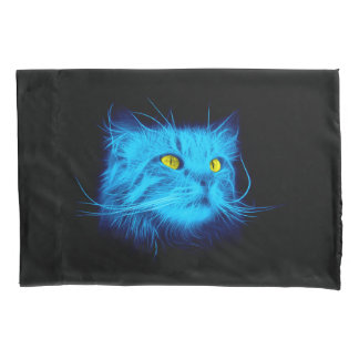 Cool Blue Neon Cat Art - Glowing Animal Design Pillowcase