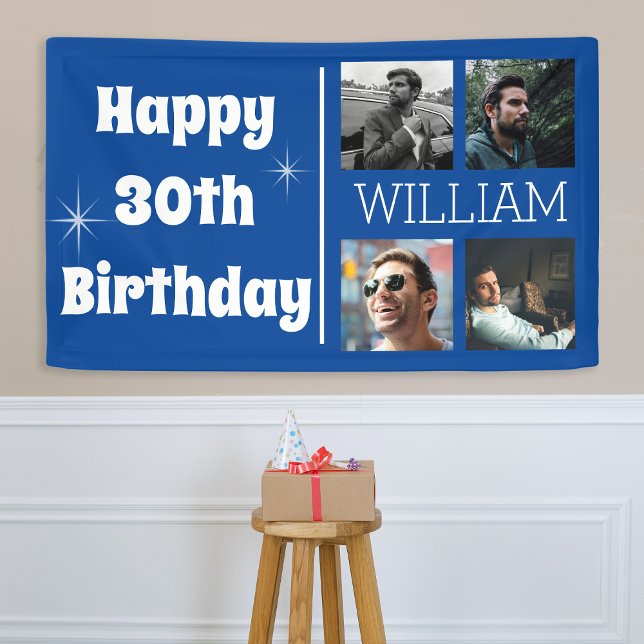 Cool Blue Photo Collage Age Birthday Banner (Creator Uploaded)