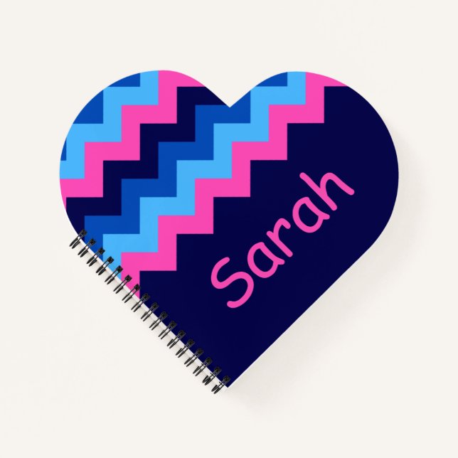 Cool Blue Pink Chevron Monogram Heart Notebook (Front)